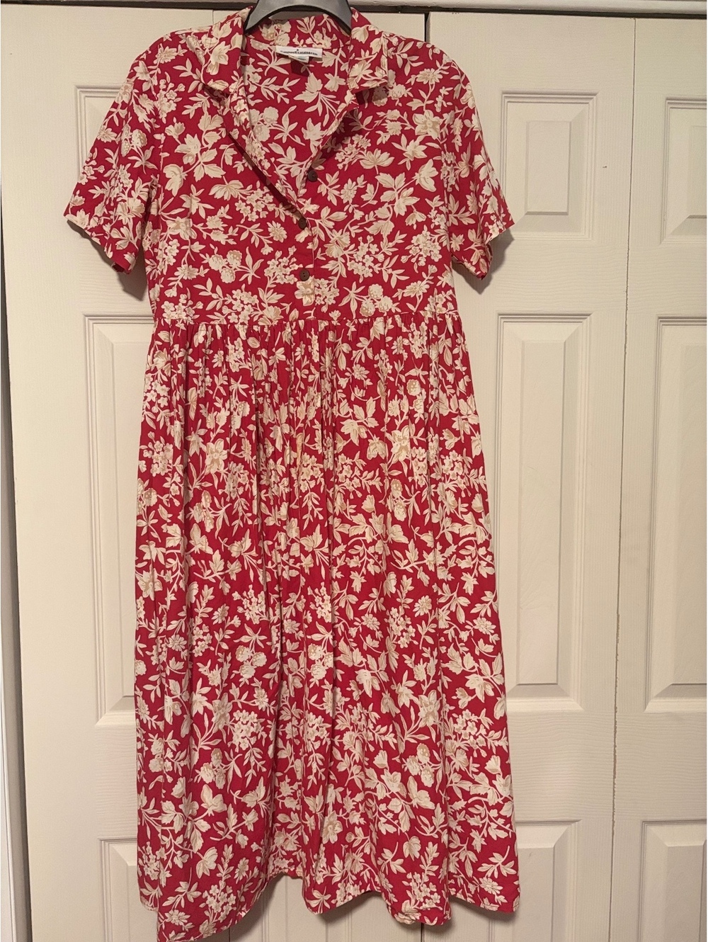 Vintage Serengeti Floral Midi Shirt Dress Large Red White Cottagecore Prairie - Picture 1 of 9